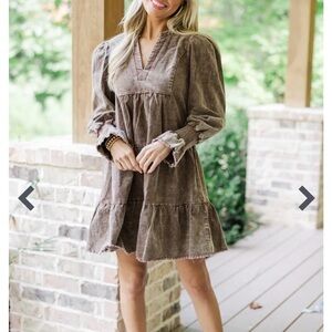 Umgee Brown Mini Tiered V-Neck Dress